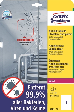 Avery Antimikrobielle Etiketten 210 x 297 transparent mm, 10 Stk.